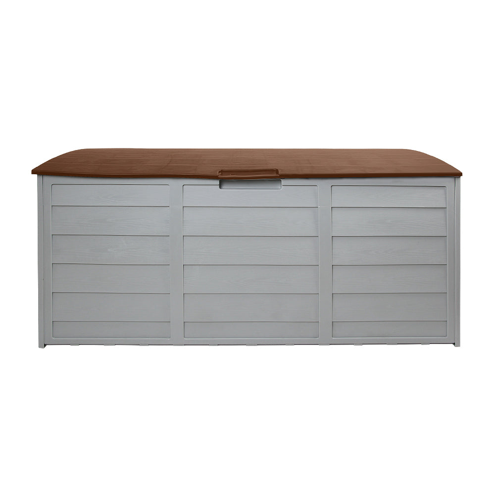 Lockable outdoor storage box with brown top lid and grey front panel doors