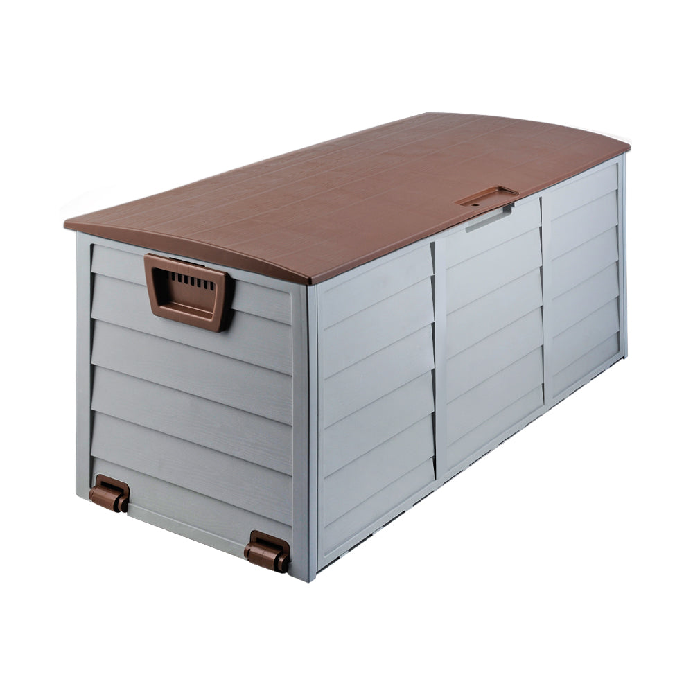 Lockable outdoor storage box with brown lid, grey side panels, and brown latch handles