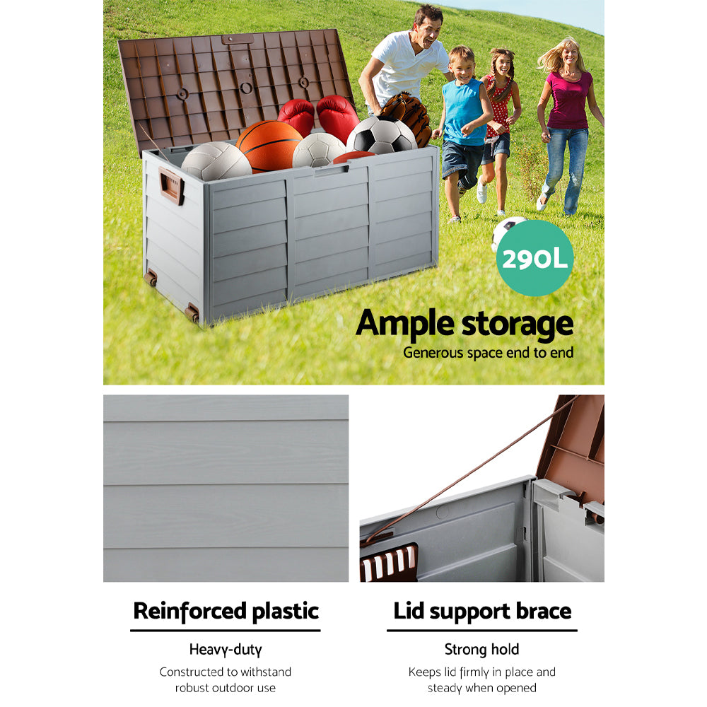 290L outdoor storage box open with sports balls inside, brown lid and grey body