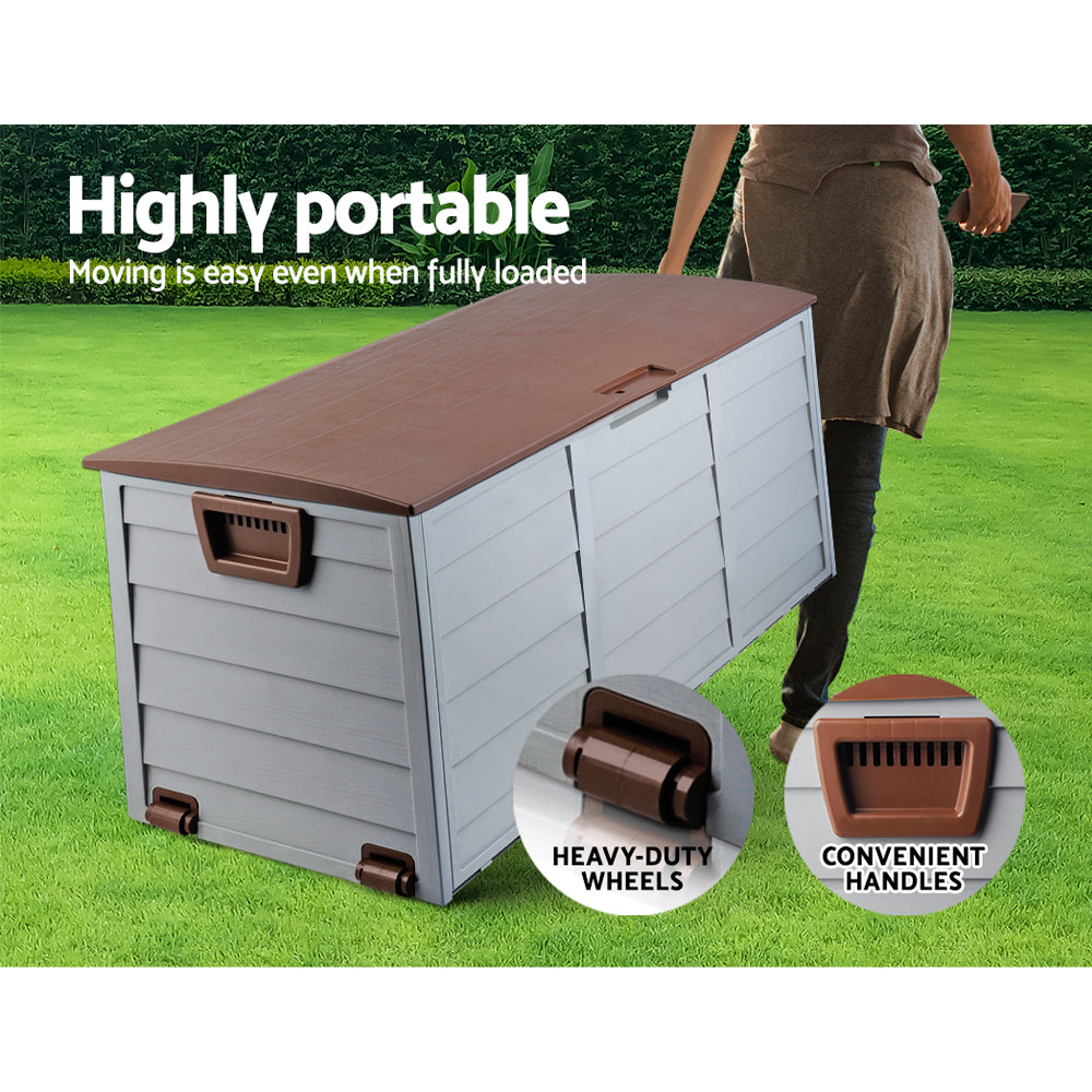 Outdoor storage box with brown lid, grey body, wheeled base, and brown handles