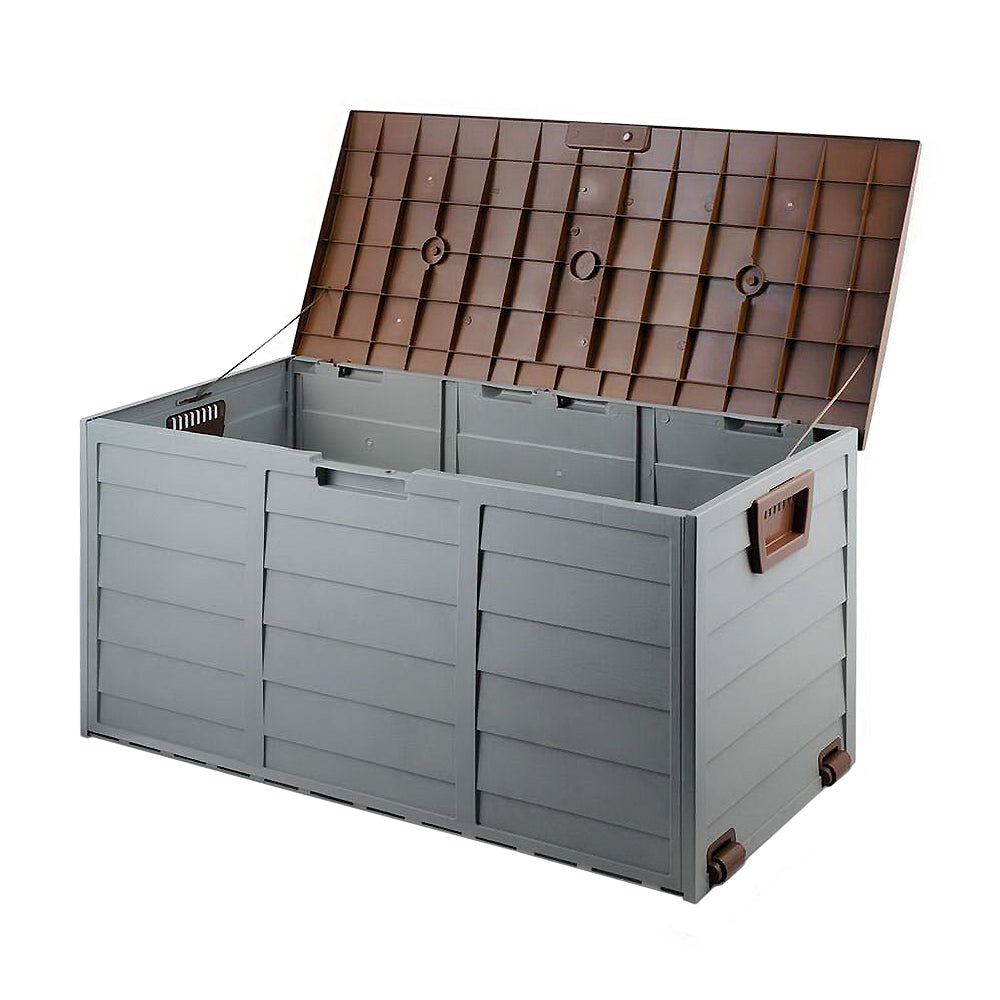 Open lockable outdoor storage box with brown lid panel grid and grey compartment interior