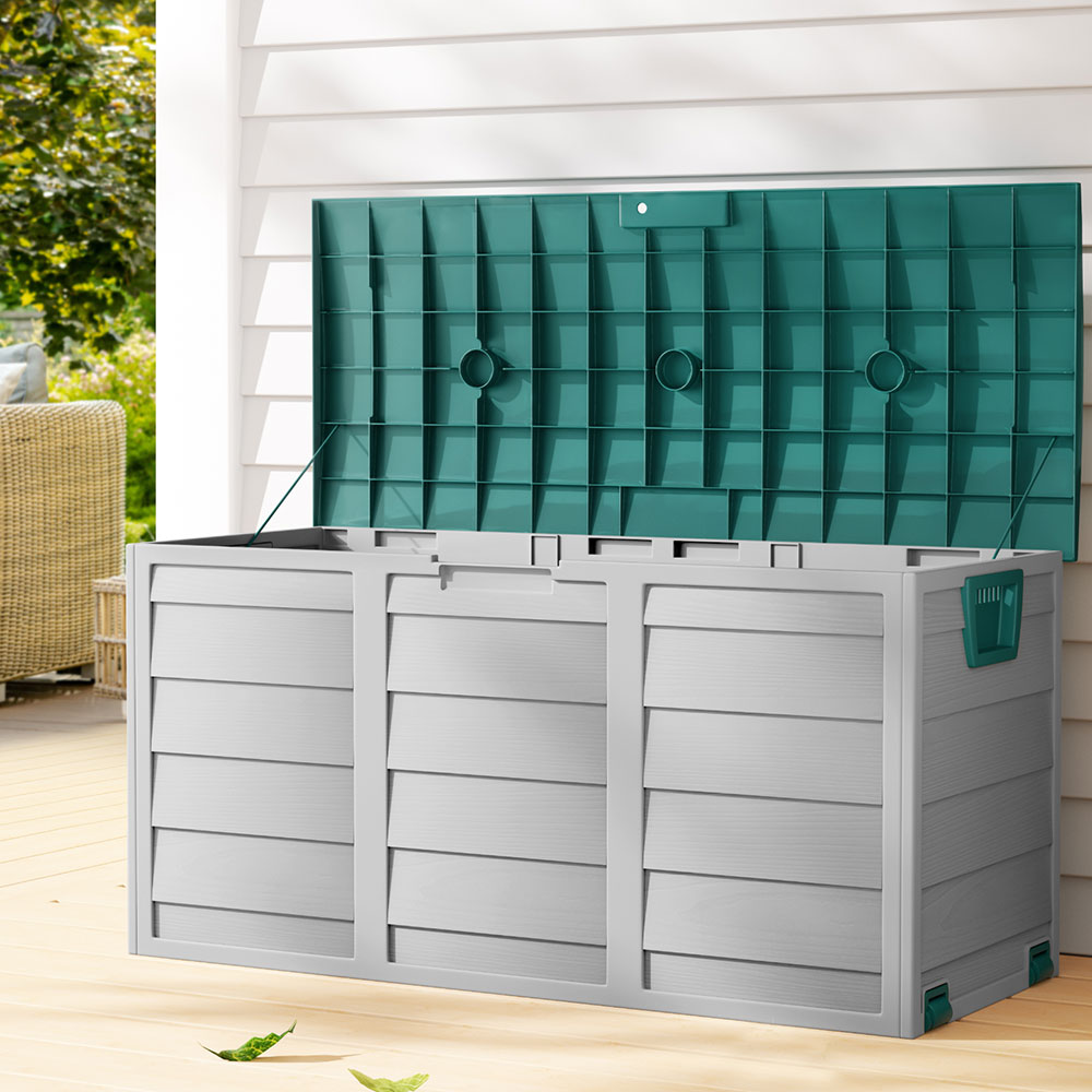 Lockable outdoor storage box with green slatted lid and gray double doors