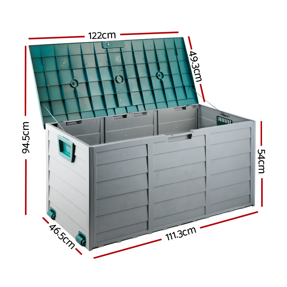 Lockable outdoor storage box with open green interior lid and gray storage compartments