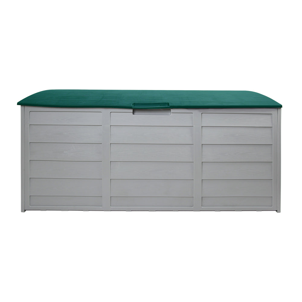Outdoor storage box with green top lid and gray hinged front panels
