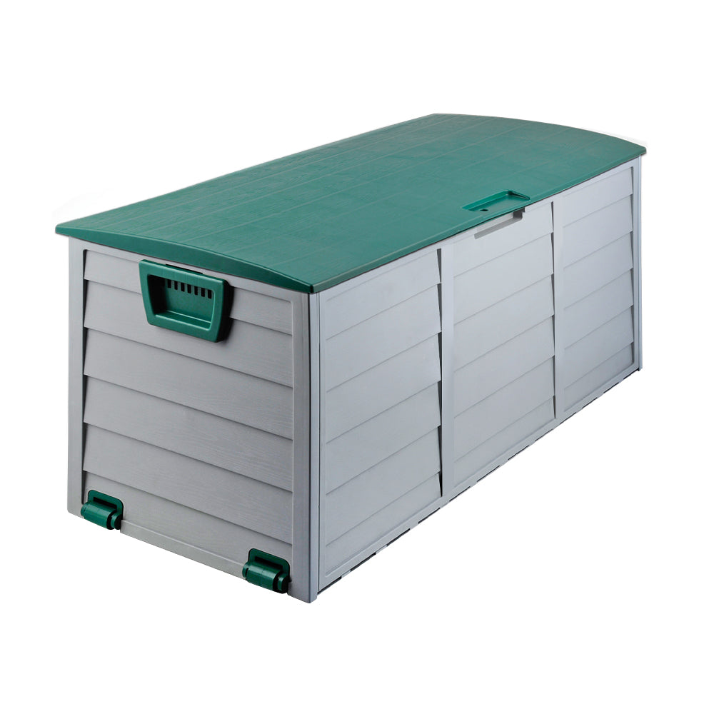 Outdoor storage box with green lid, gray side panels, and green latch handles