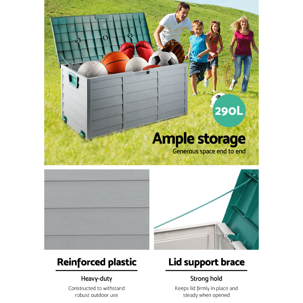 Outdoor storage box with open green-lidded interior holding assorted sports balls
