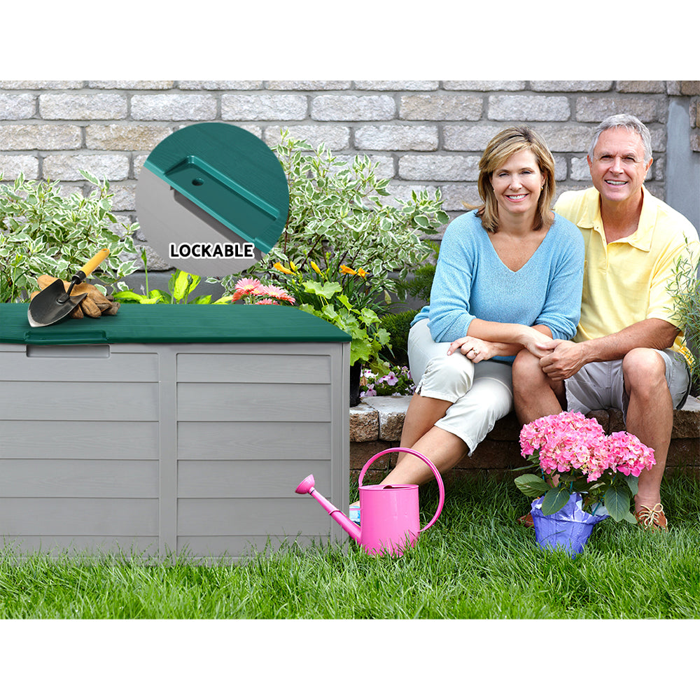 Lockable outdoor storage box with green lid, gray doors, and green latch panel