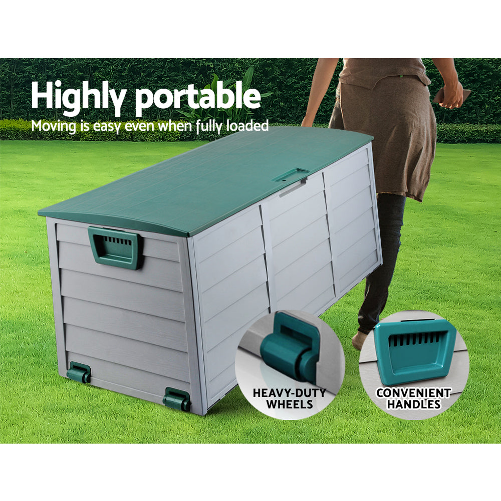 Portable lockable outdoor storage box with green lid and gray body on wheels