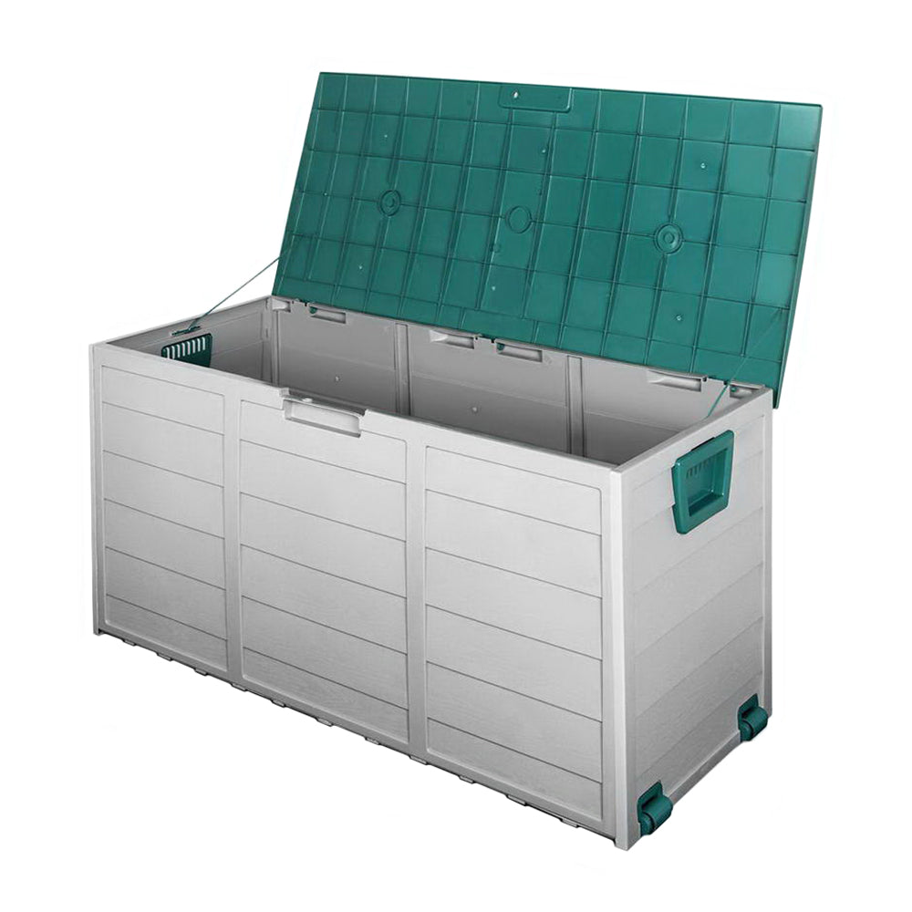 Lockable outdoor storage box with open green lid, gray interior bins, and green latch