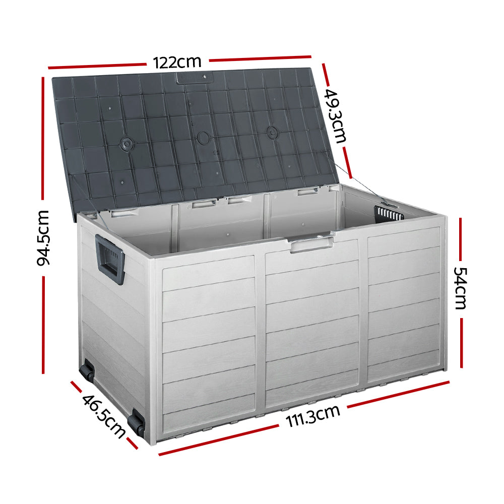 Lockable outdoor storage box with lid open, interior compartments and side lock.