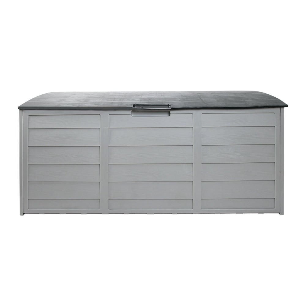 Lockable outdoor storage box in light grey with dark top lid and carry handle.