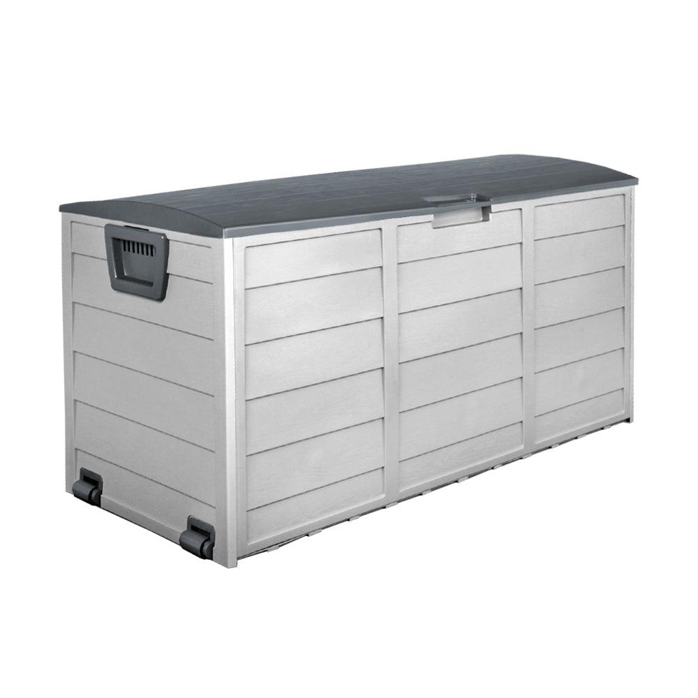 Lockable outdoor storage box with dark lid, side lock panel, and front latch.