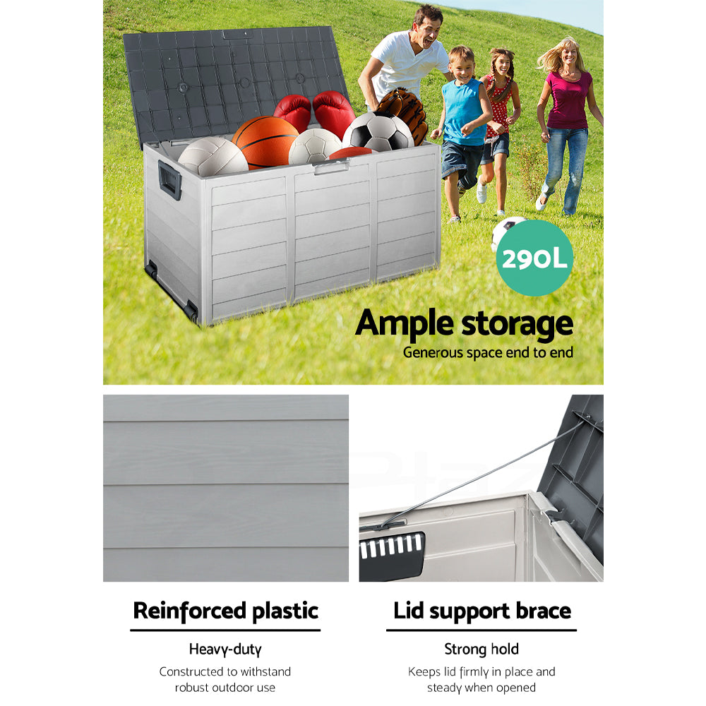 Lockable outdoor storage box with open lid holding sports balls and gear.