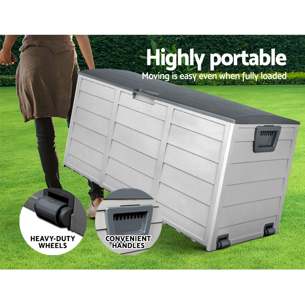 Wheeled lockable outdoor storage box with dark lid, latch, and side handles.