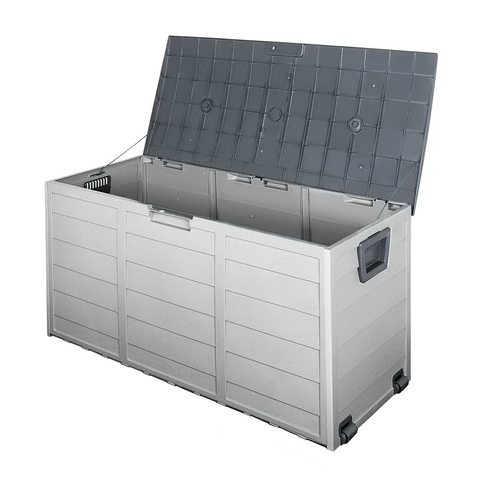 Lockable outdoor storage box with lid open, showing interior panels and side lock.