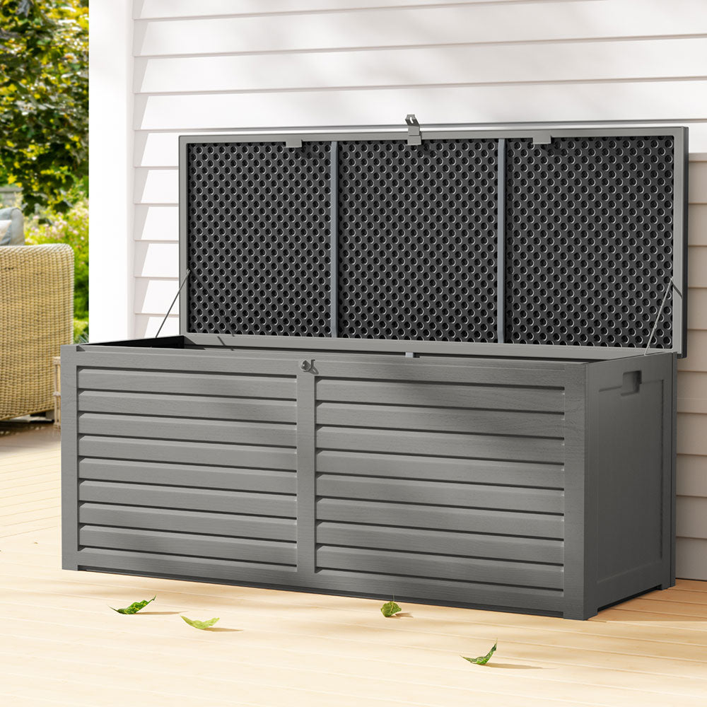 Lockable outdoor storage bench box with open perforated lid panels and slatted front