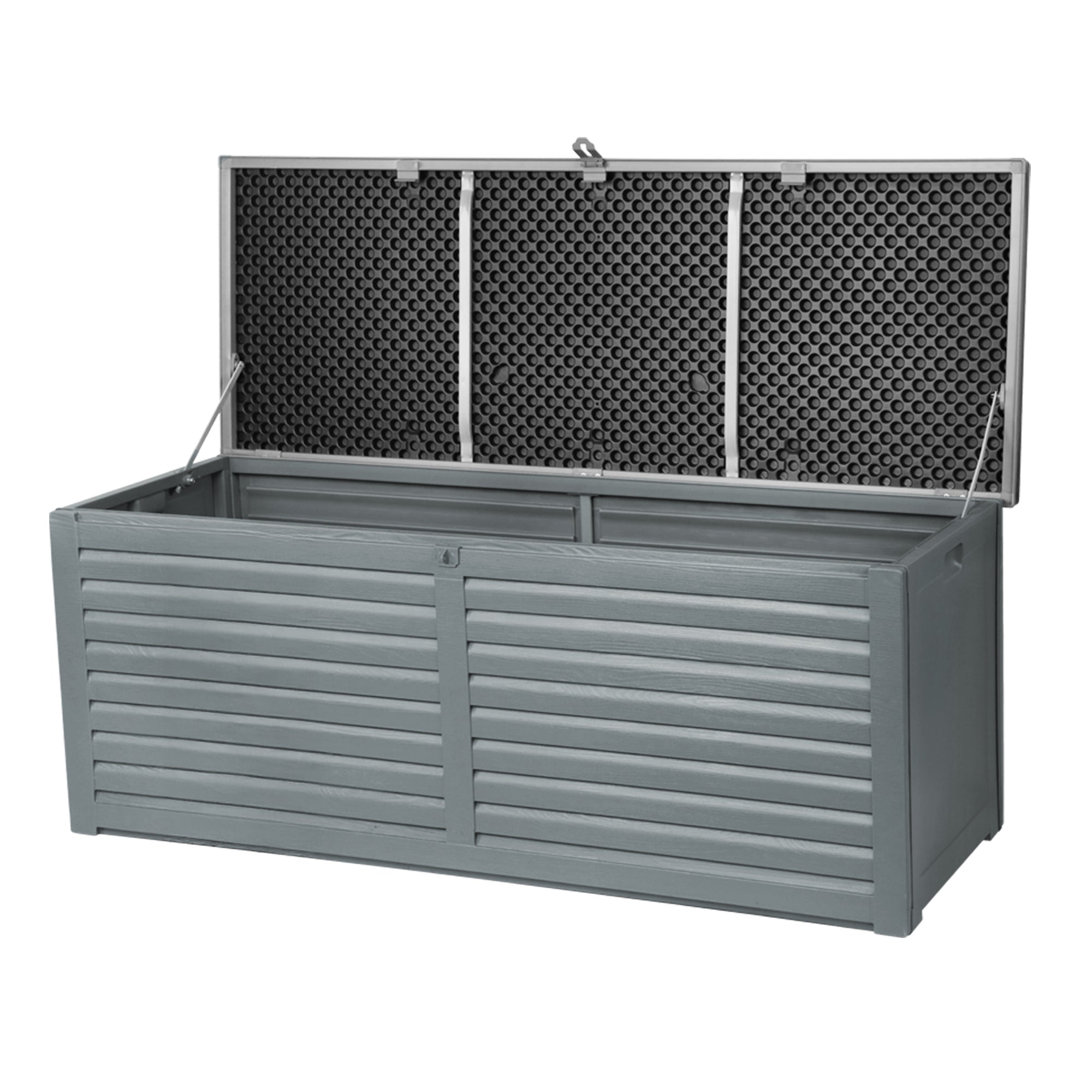 Lockable outdoor storage bench box with open lid, visible interior, and slatted gray doors