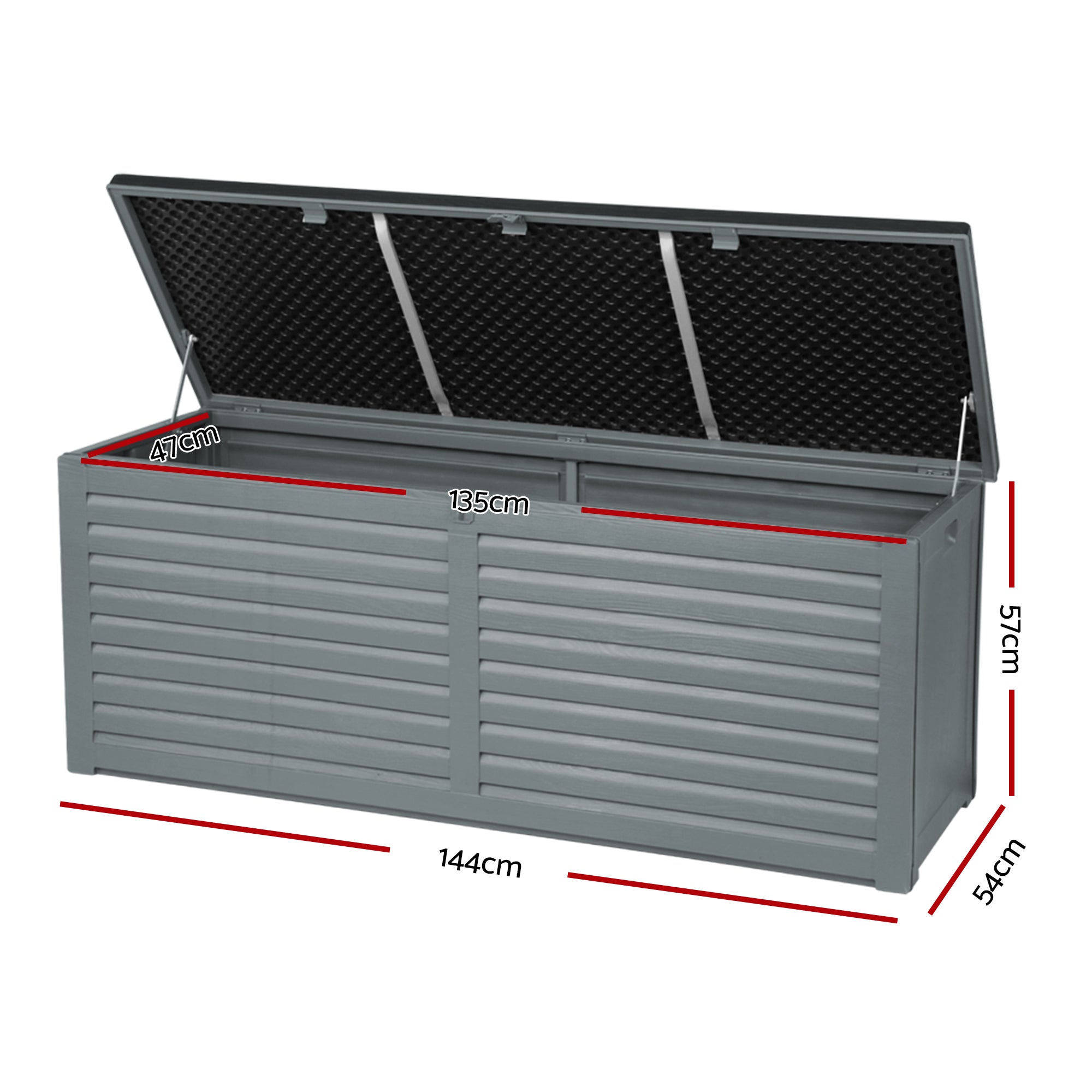 Outdoor storage bench box with open lid and slatted front, showing size markings