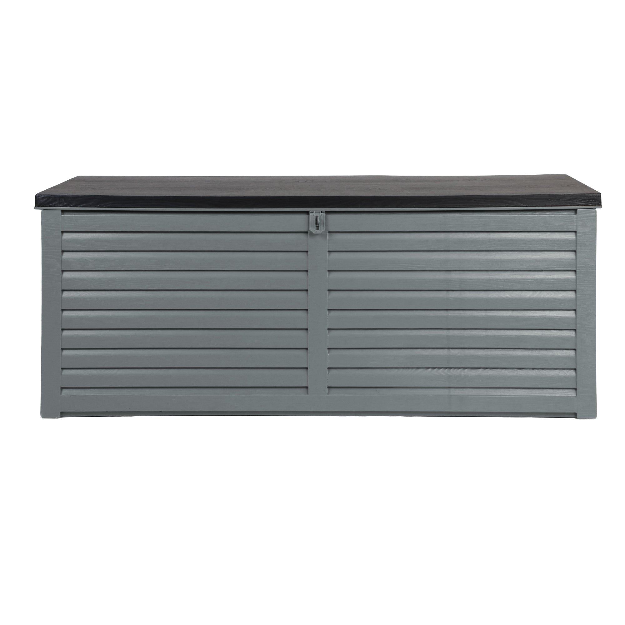 Lockable outdoor storage bench box with flat lid, dark gray slatted doors, and center latch