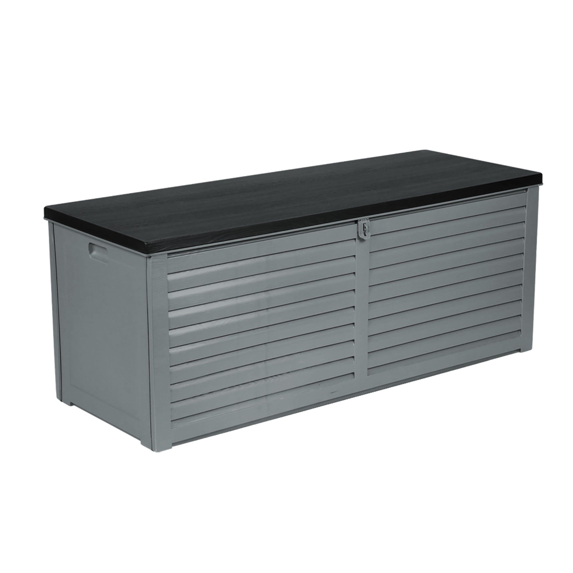Outdoor storage bench box with dark top lid, dark gray slatted doors, and central latch