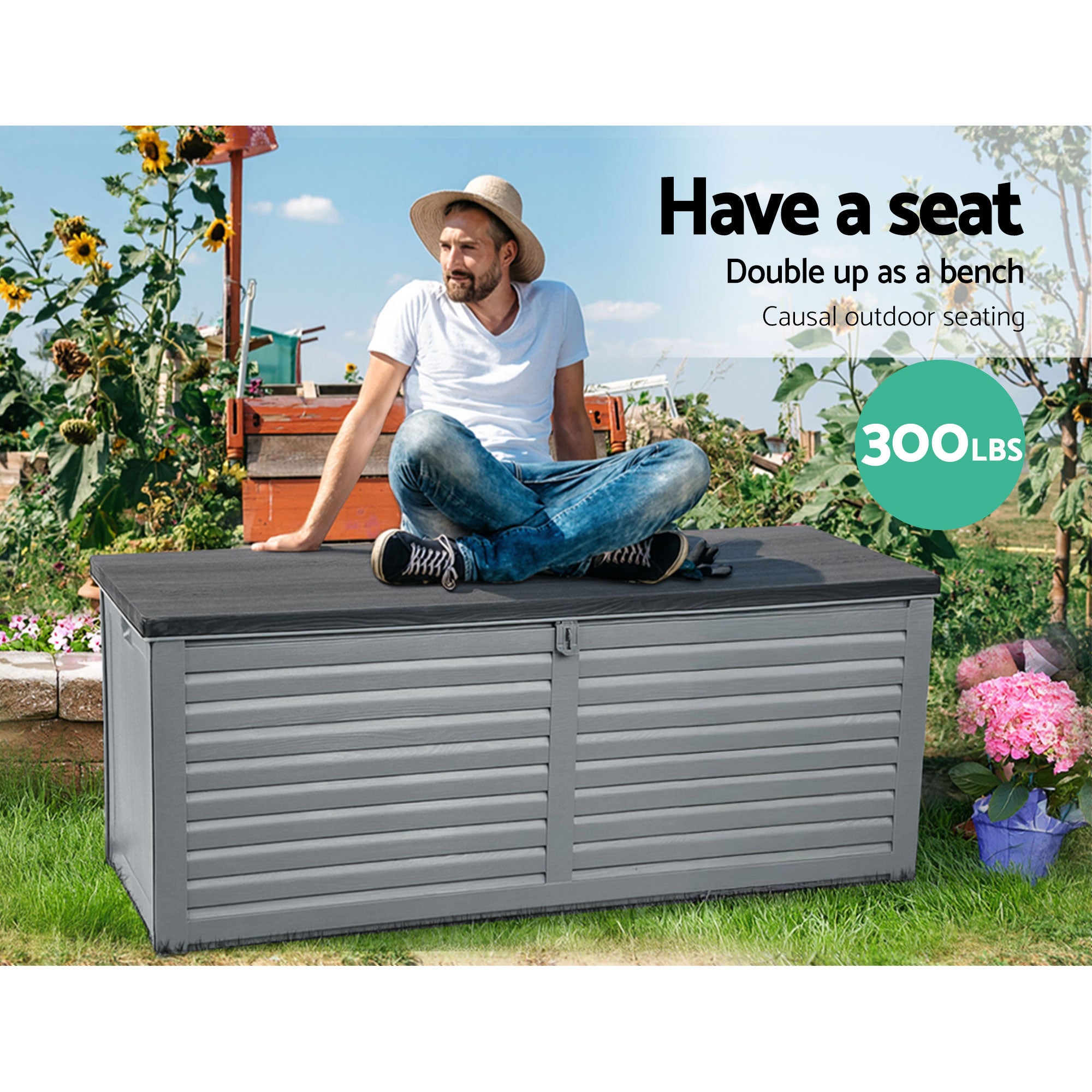 Outdoor storage bench box in dark gray with flat lid and double slatted doors