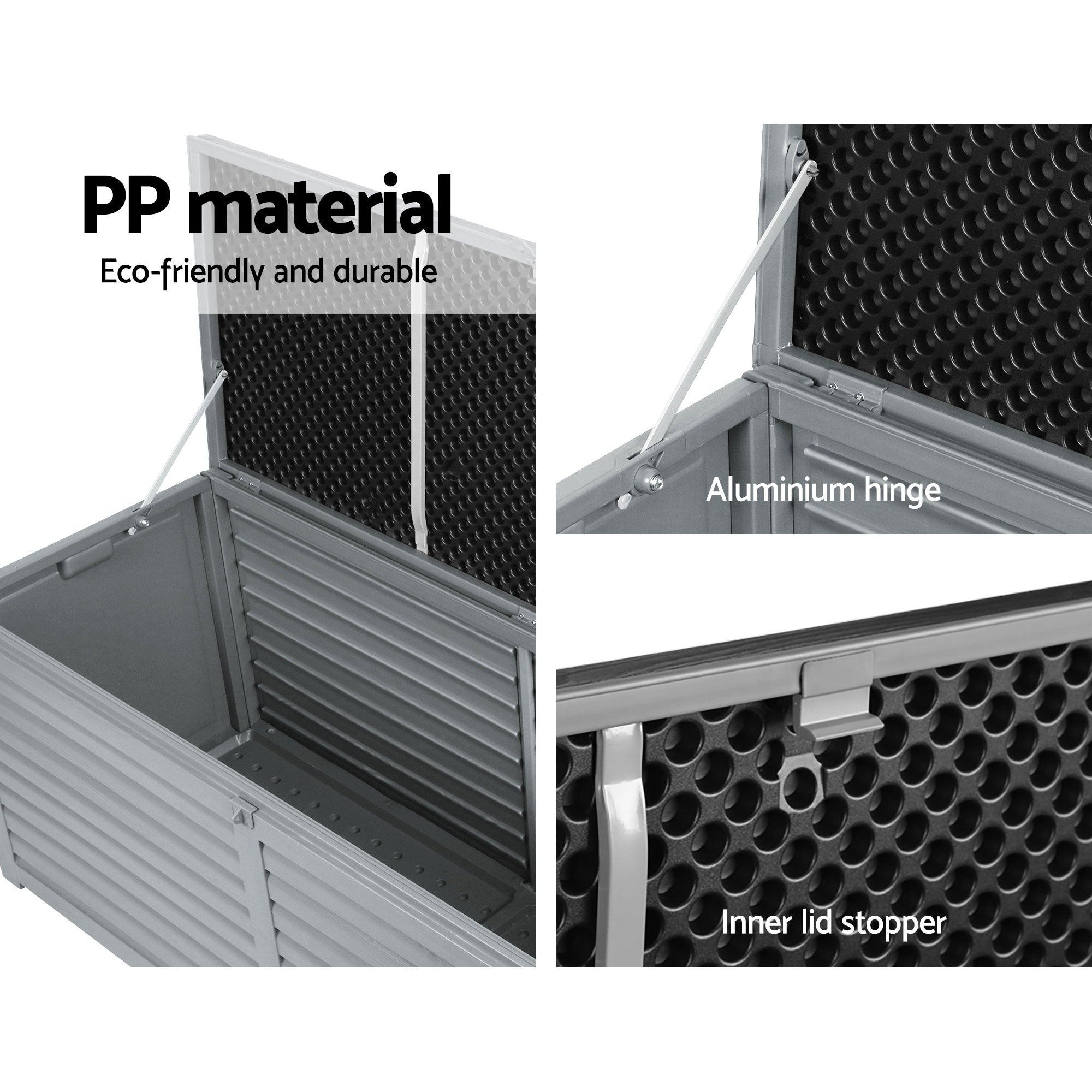 Outdoor storage bench box close-up: perforated inner lid, aluminum hinge, and lid stopper