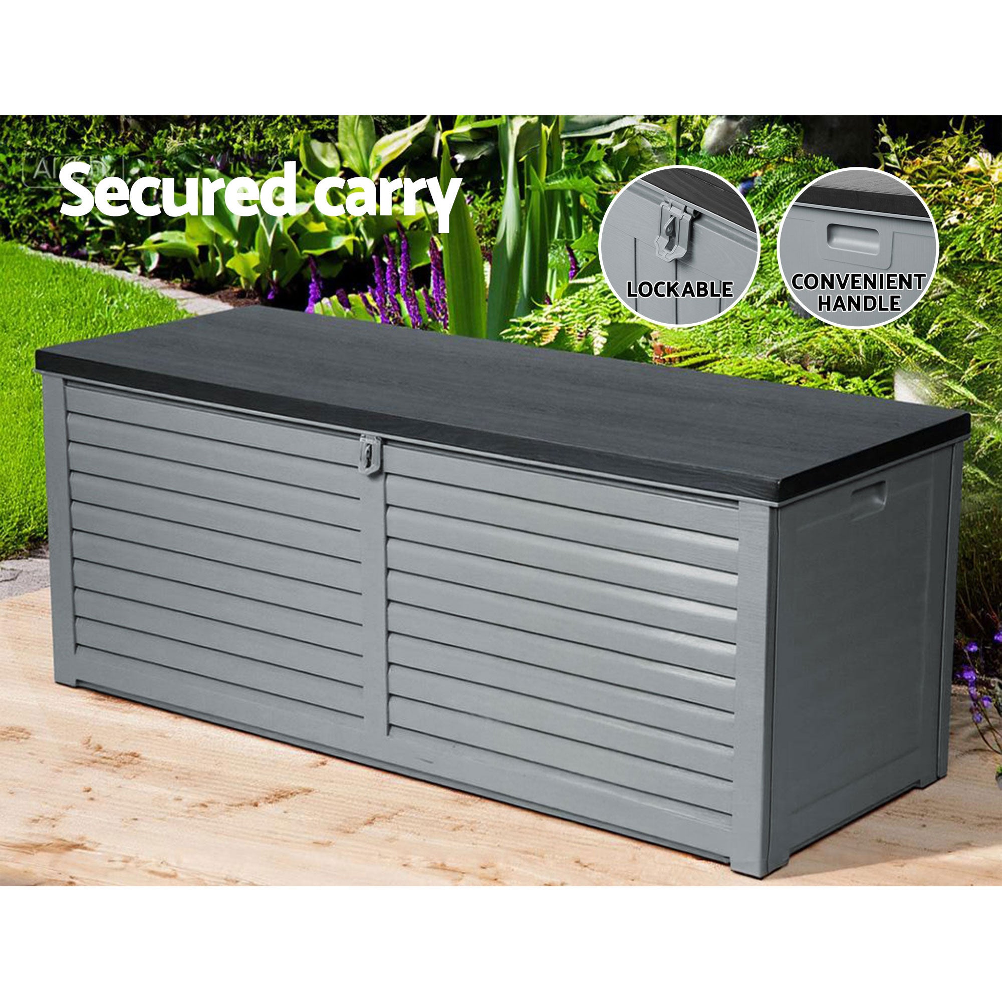 Lockable outdoor storage bench box with flat lid, slatted doors, and side handle