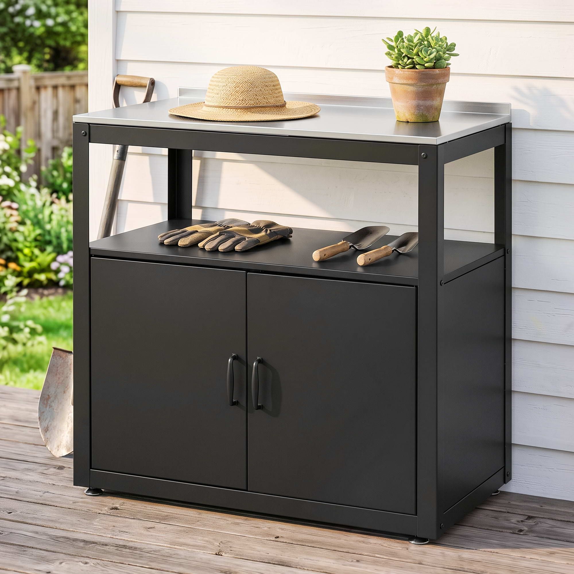 Gardeon Outdoor Storage Cabinet Garden Potting Bench Stainless Steel Table Top Black Bedworld