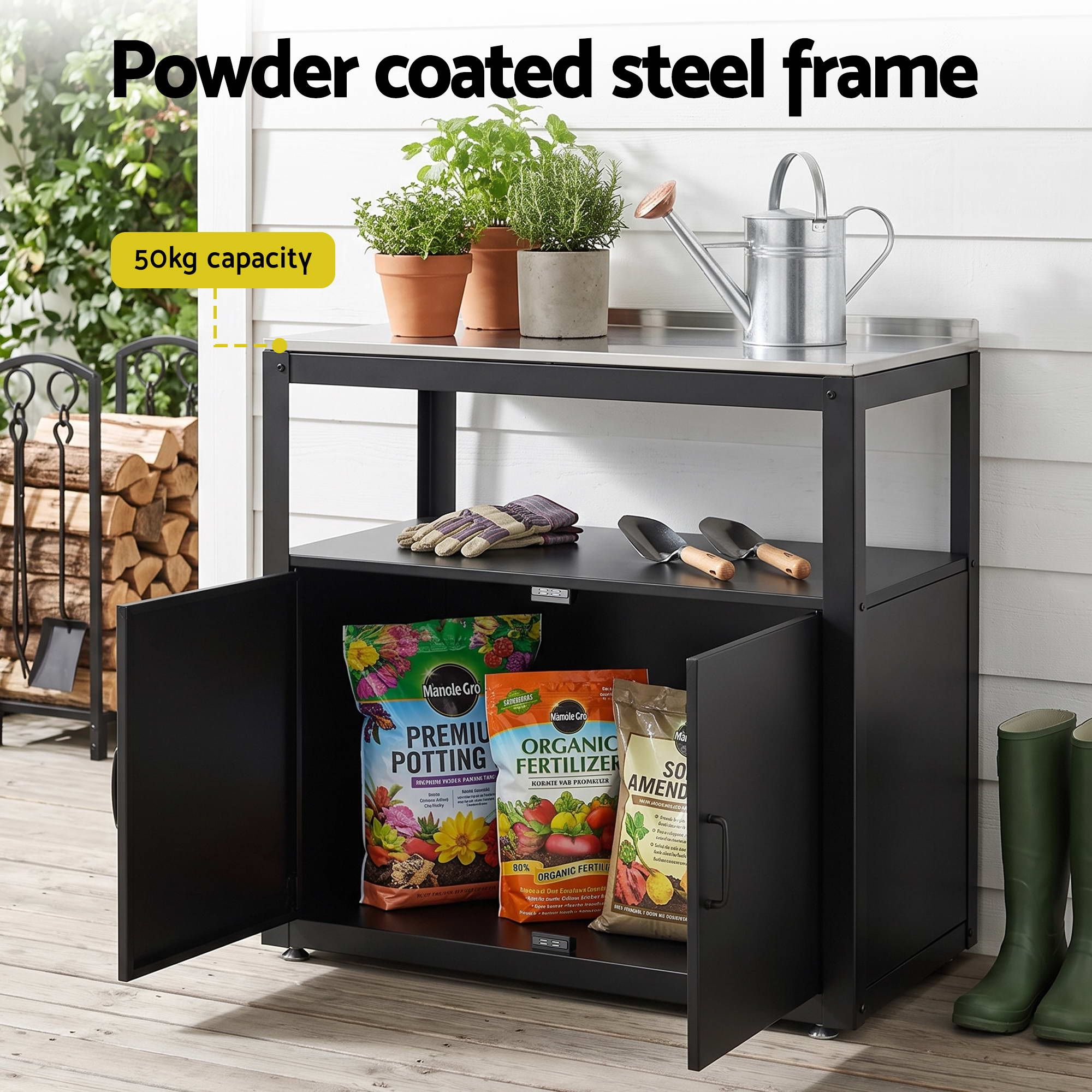 Gardeon Outdoor Storage Cabinet Garden Potting Bench Stainless Steel Table Top Black Bedworld
