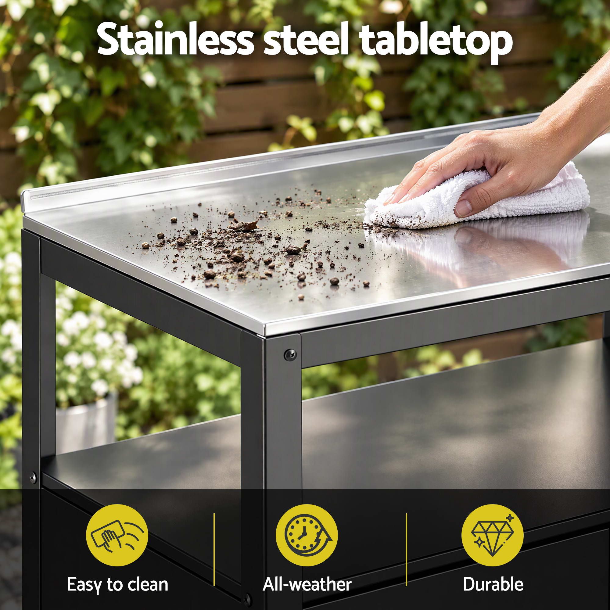 Gardeon Outdoor Storage Cabinet Garden Potting Bench Stainless Steel Table Top Black Bedworld