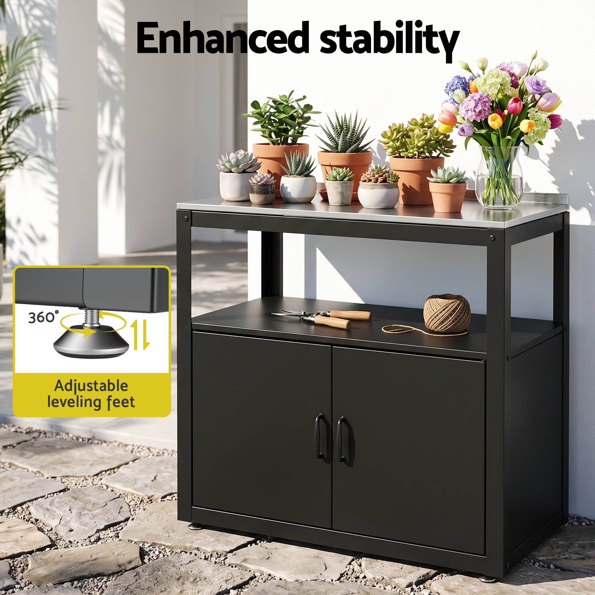 Gardeon Outdoor Storage Cabinet Garden Potting Bench Stainless Steel Table Top Black Bedworld