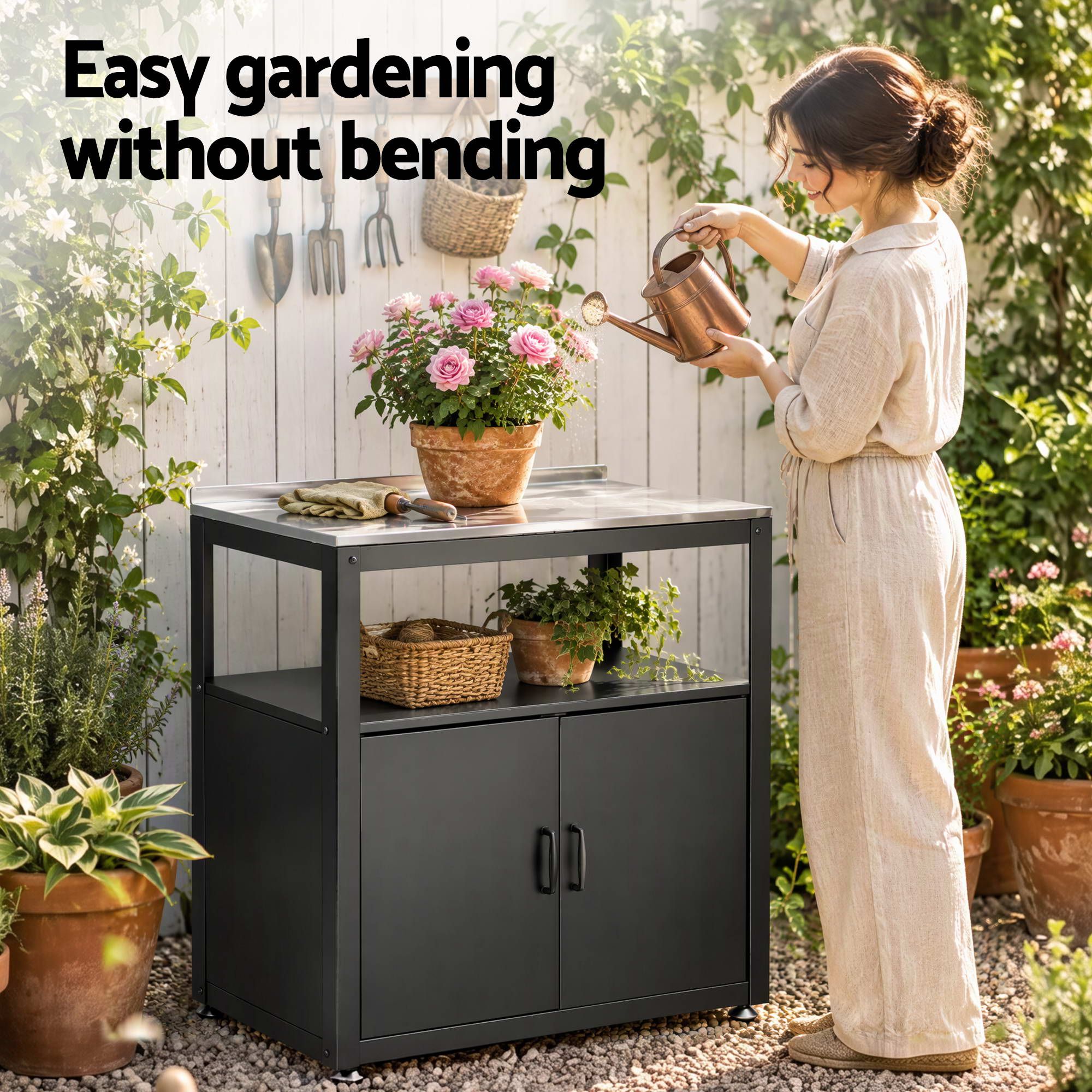 Gardeon Outdoor Storage Cabinet Garden Potting Bench Stainless Steel Table Top Black Bedworld