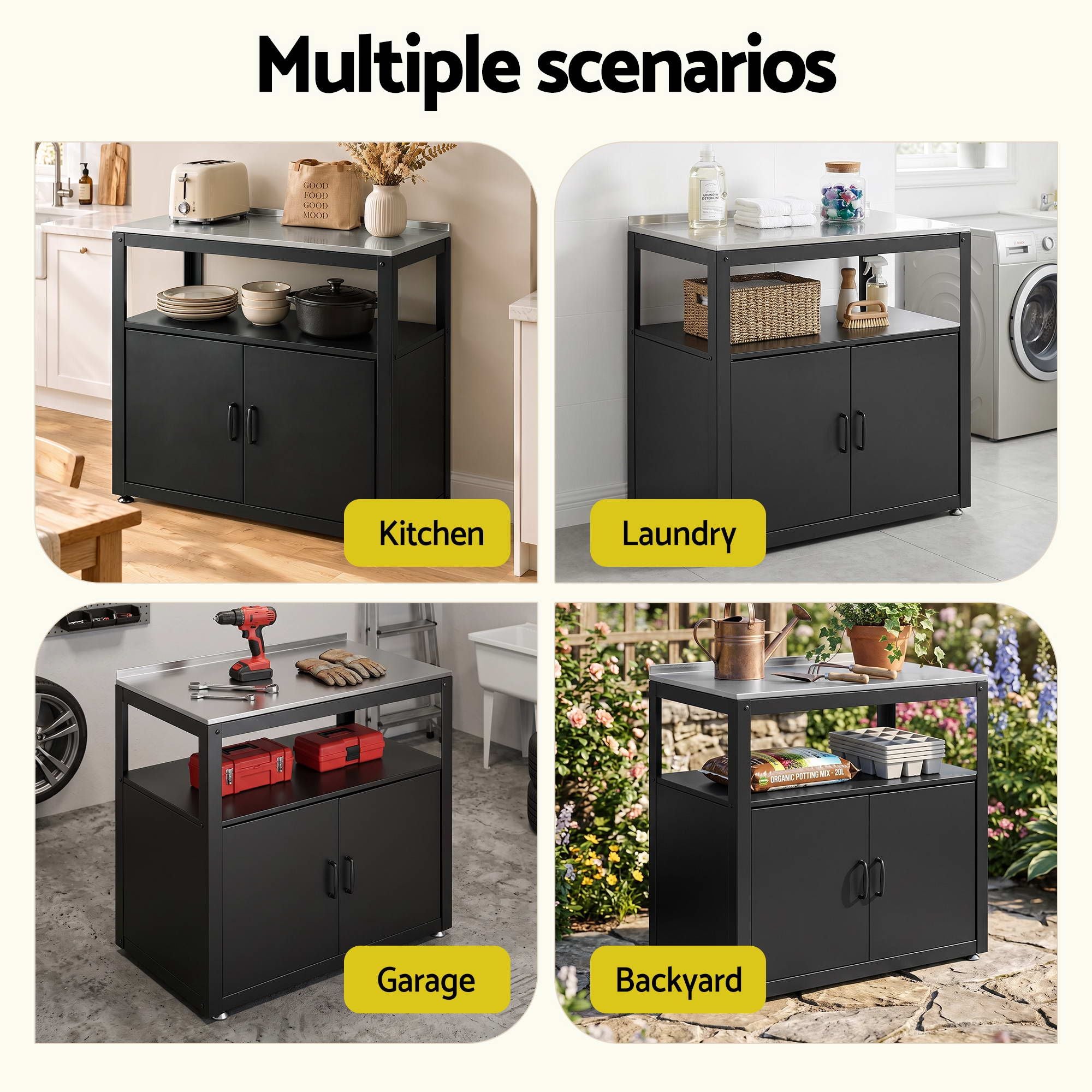 Gardeon Outdoor Storage Cabinet Garden Potting Bench Stainless Steel Table Top Black Bedworld