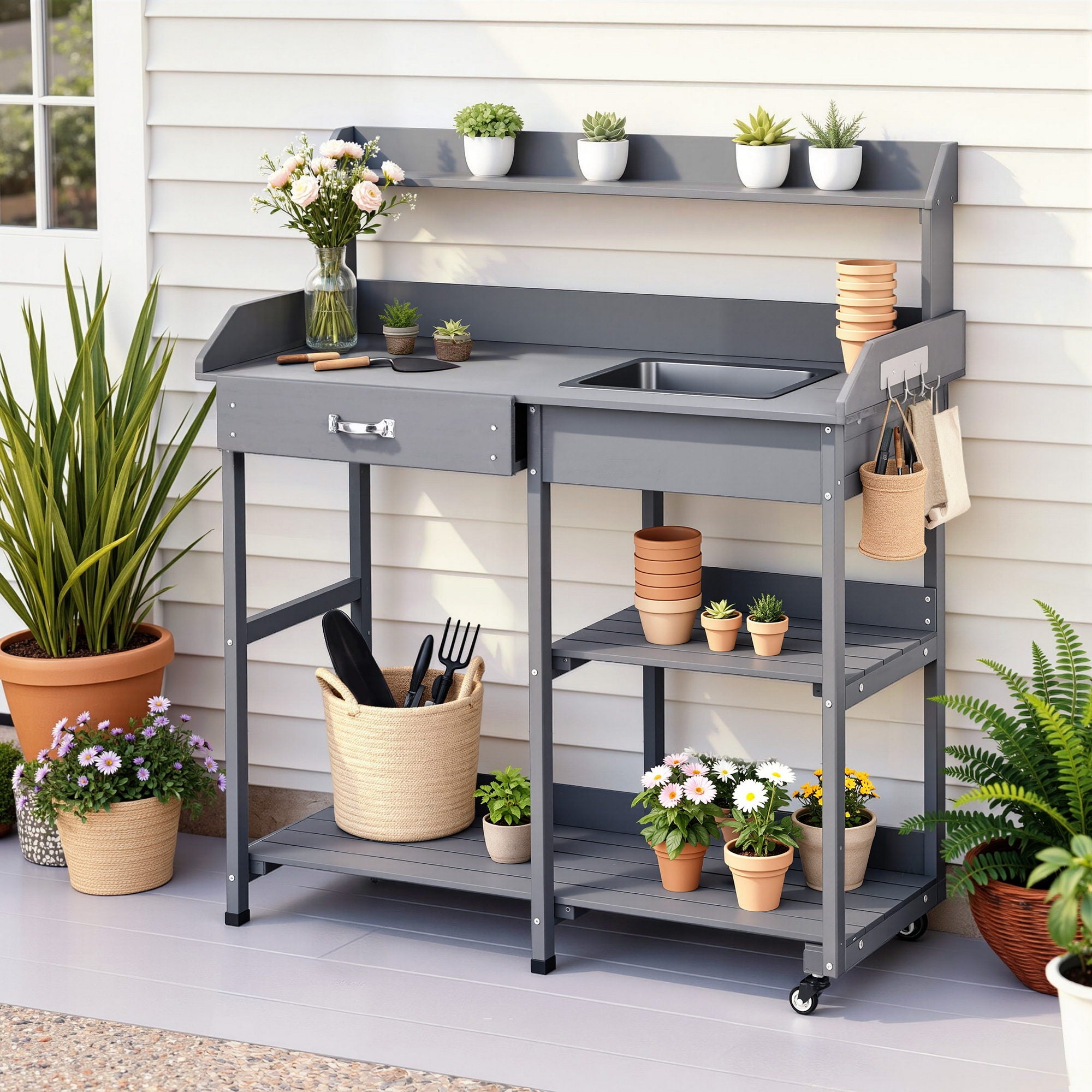Gardeon Outdoor Potting Bench Table Storage Cabinet Potters Garden Workstation Grey