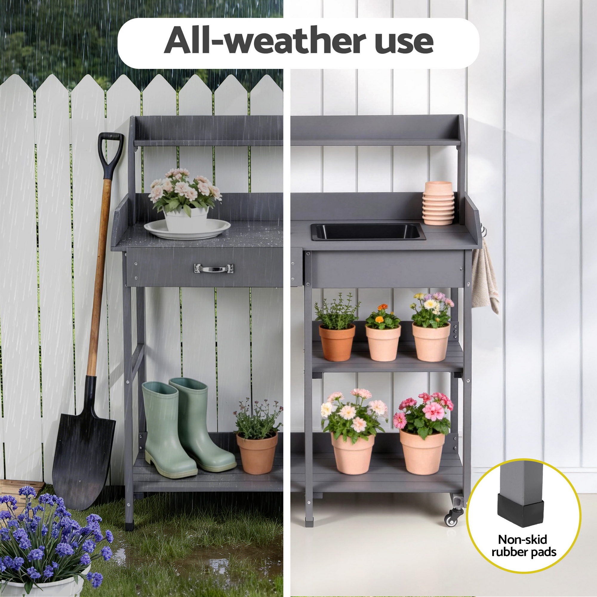 Gardeon Outdoor Potting Bench Table Storage Cabinet Potters Garden Workstation Grey