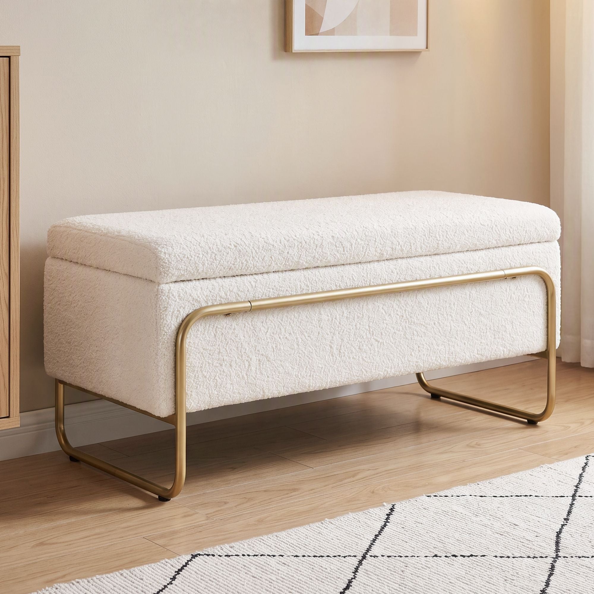 Artiss Storage Ottoman Boucle Padded Seat Footrest Hidden Storage Cream White Bedworld