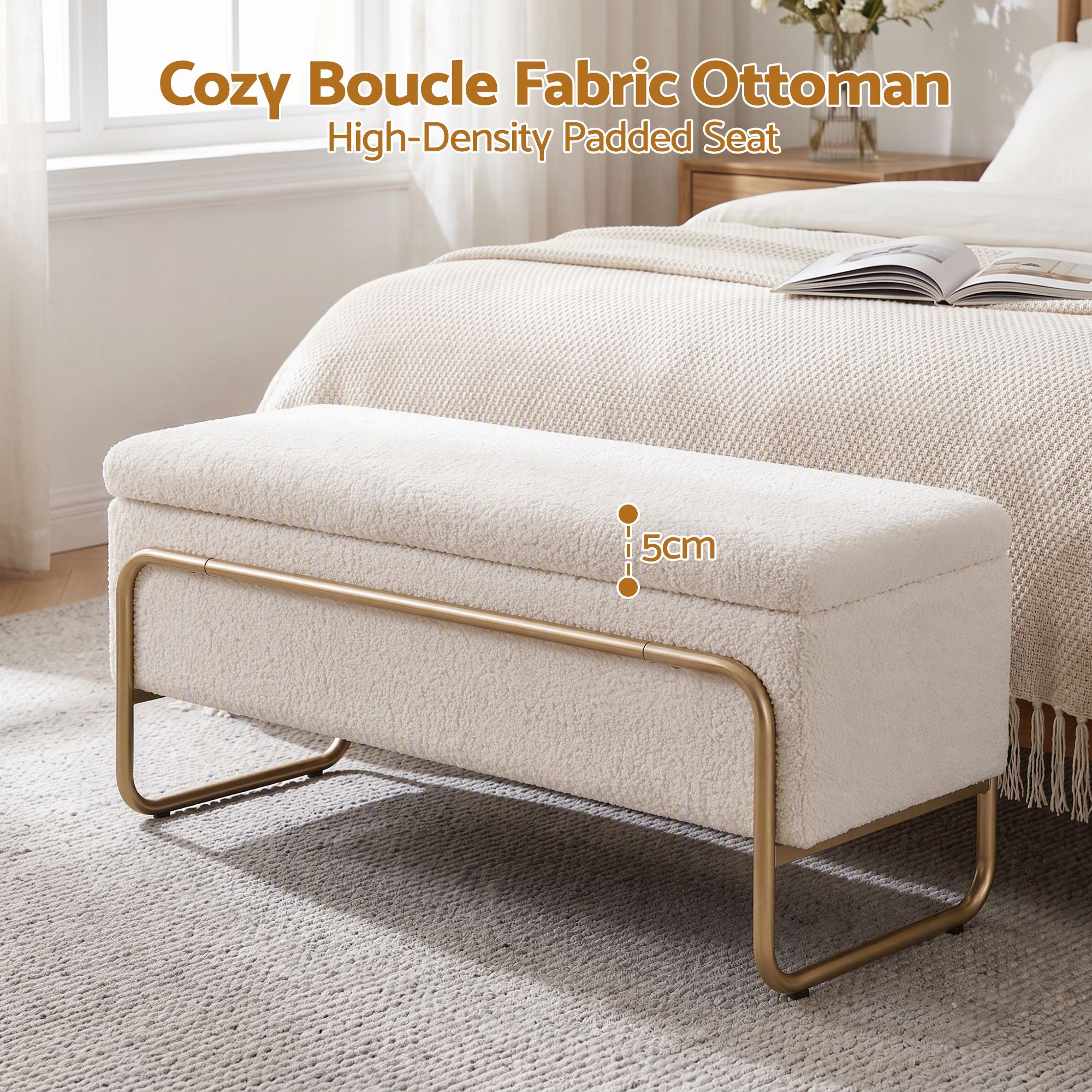 Artiss Storage Ottoman Boucle Padded Seat Footrest Hidden Storage Cream White Bedworld