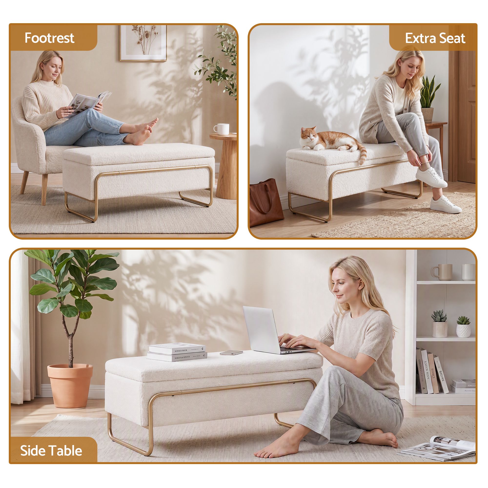 Artiss Storage Ottoman Boucle Padded Seat Footrest Hidden Storage Cream White Bedworld