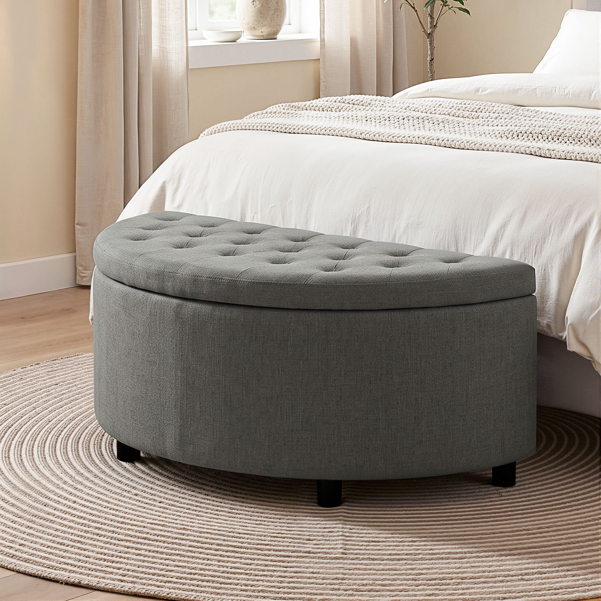 Artiss Storage Ottoman Bench Linen Fabric Tufted Half Round Footstool Grey Bedworld