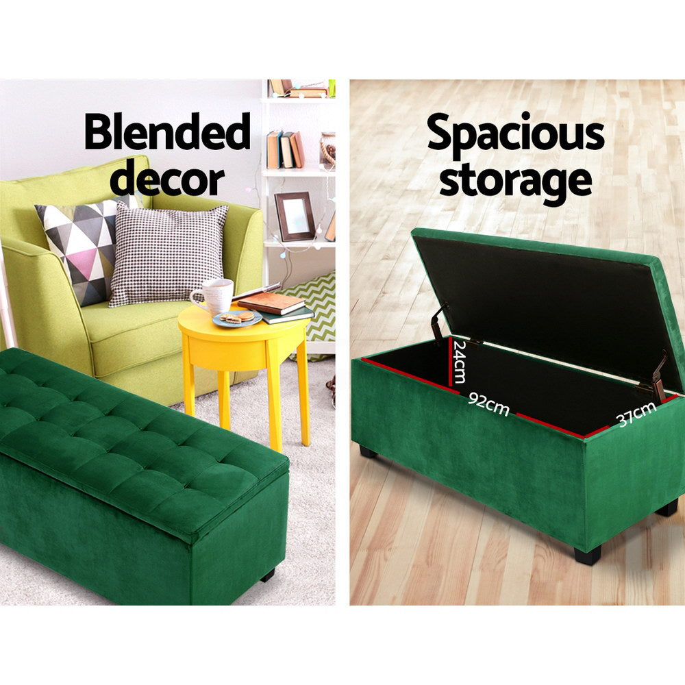 Artiss Storage Ottoman Blanket Box 97cm Velvet Green