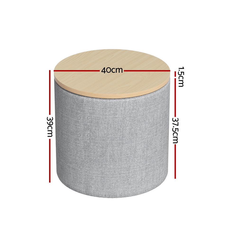 Grey round storage ottoman with light wood-tone lid and size guides on the sides.
