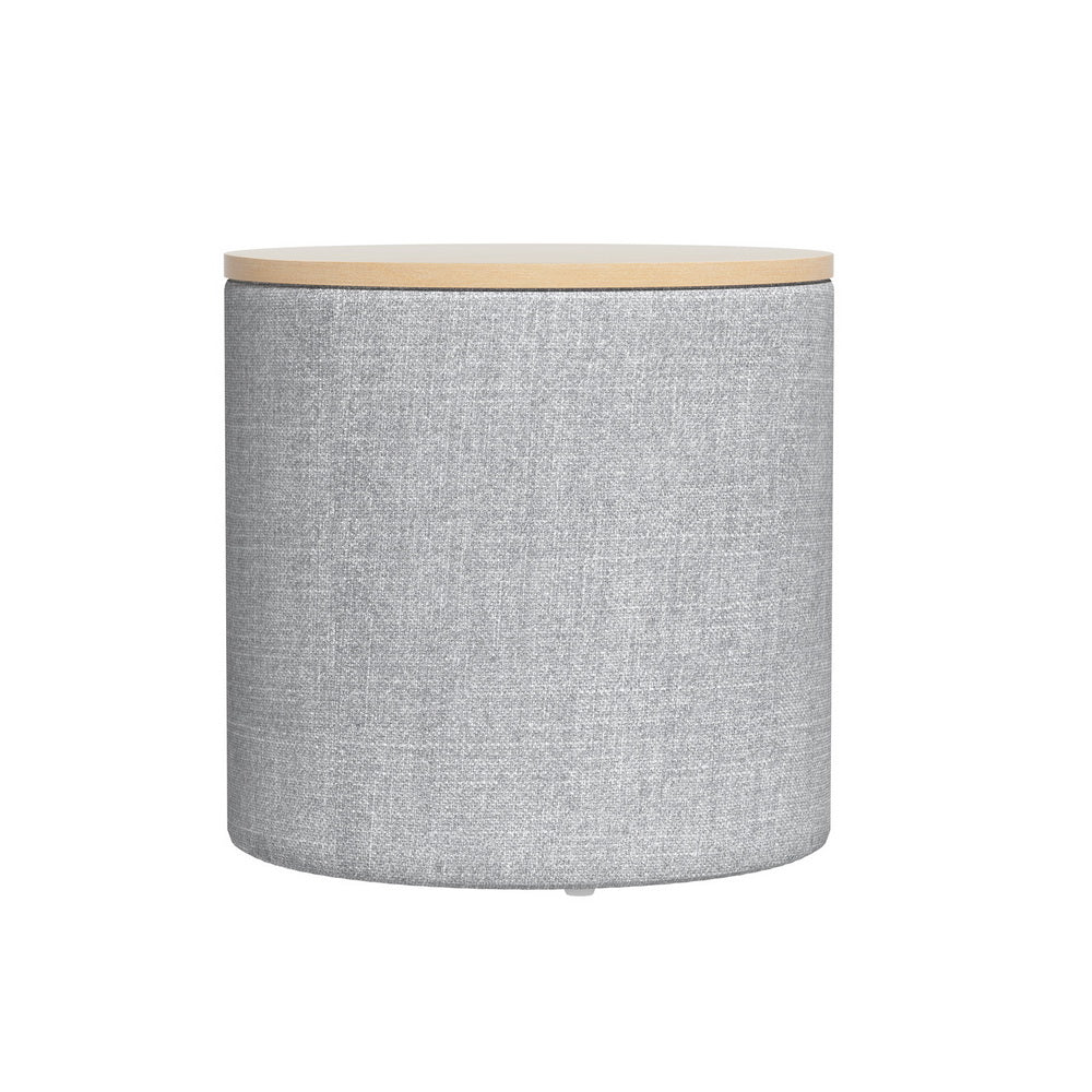 Grey round storage ottoman with a light wood-tone lid and upholstered fabric sides.