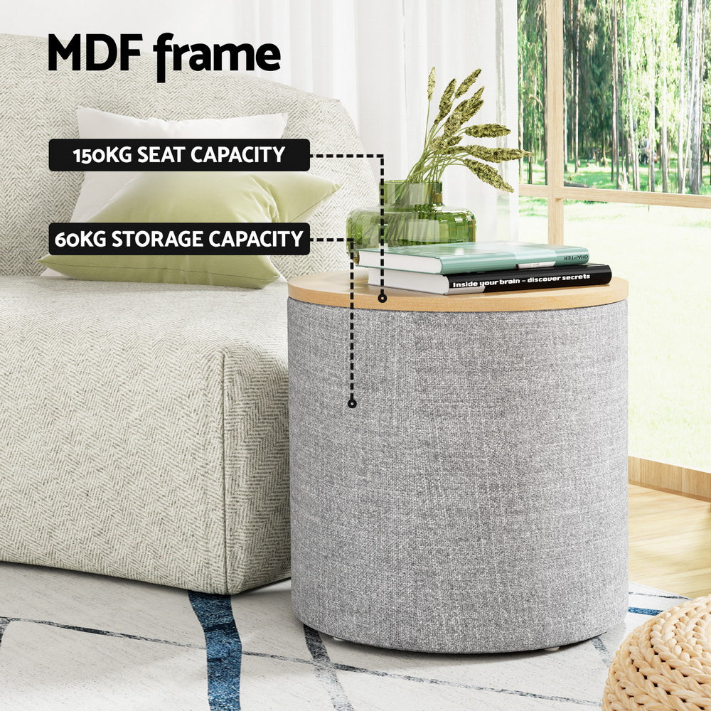 Grey round storage ottoman with upholstered fabric body and light wood-tone top.