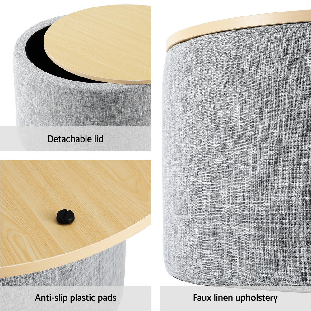Grey round ottoman with detachable lid, faux linen upholstery, and anti-slip plastic pads.