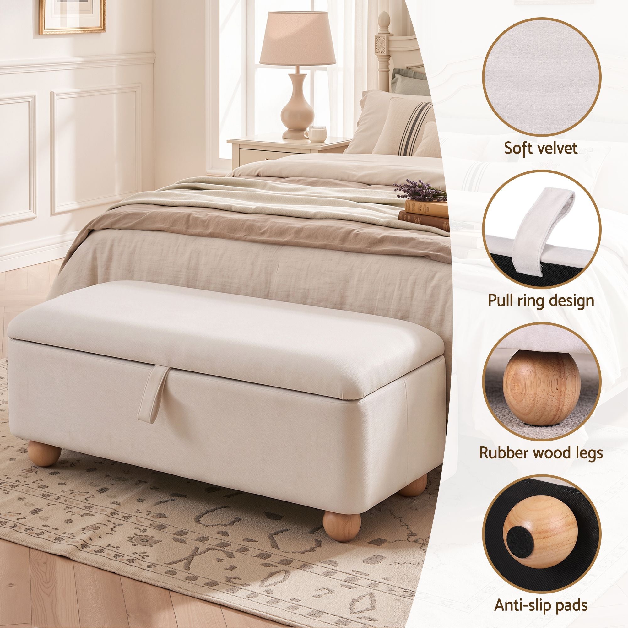 Artiss Storage Ottoman Hidden Bench Velvet Blanket Box Beige 97cm Bedworld