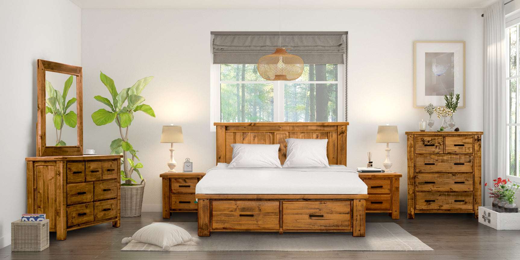 Outback Timber Bed Frame with Drawers and matching furishings