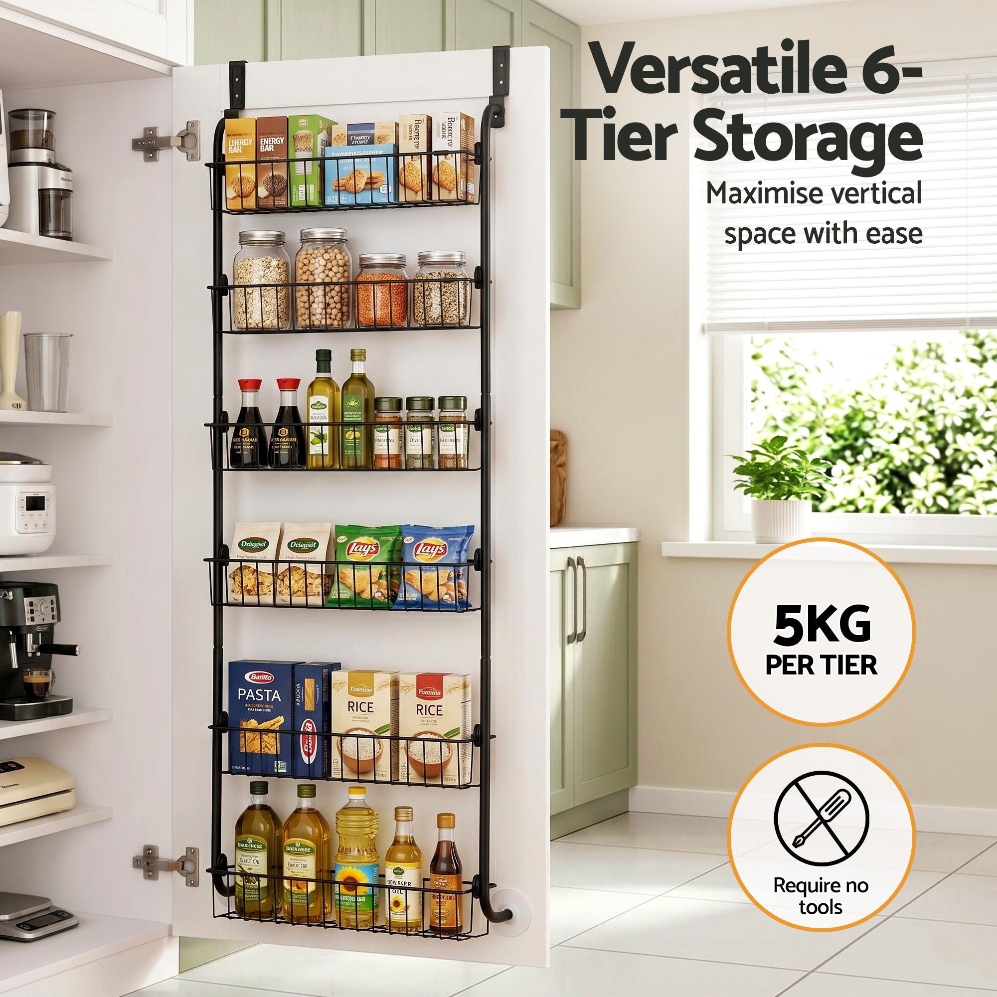 Artiss Over Door Storage Hanger Pantry 6-Tier Metal Hook Hanging Organiser Black Bedworld