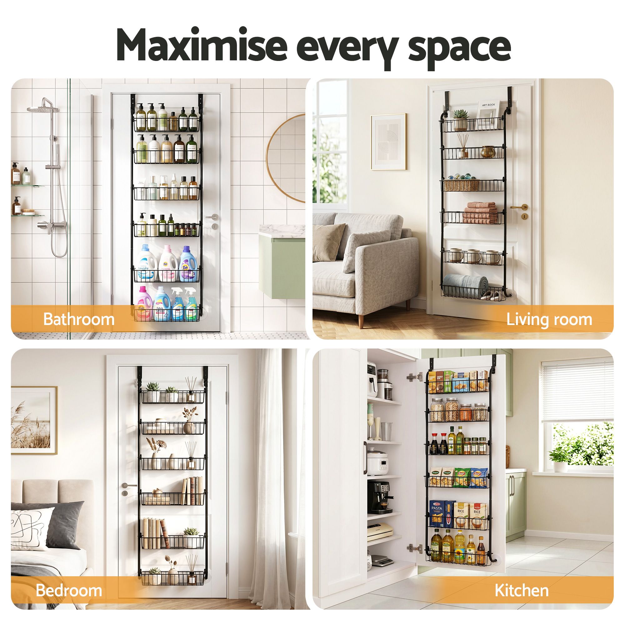 Artiss Over Door Storage Hanger Pantry 6-Tier Metal Hook Hanging Organiser Black Bedworld