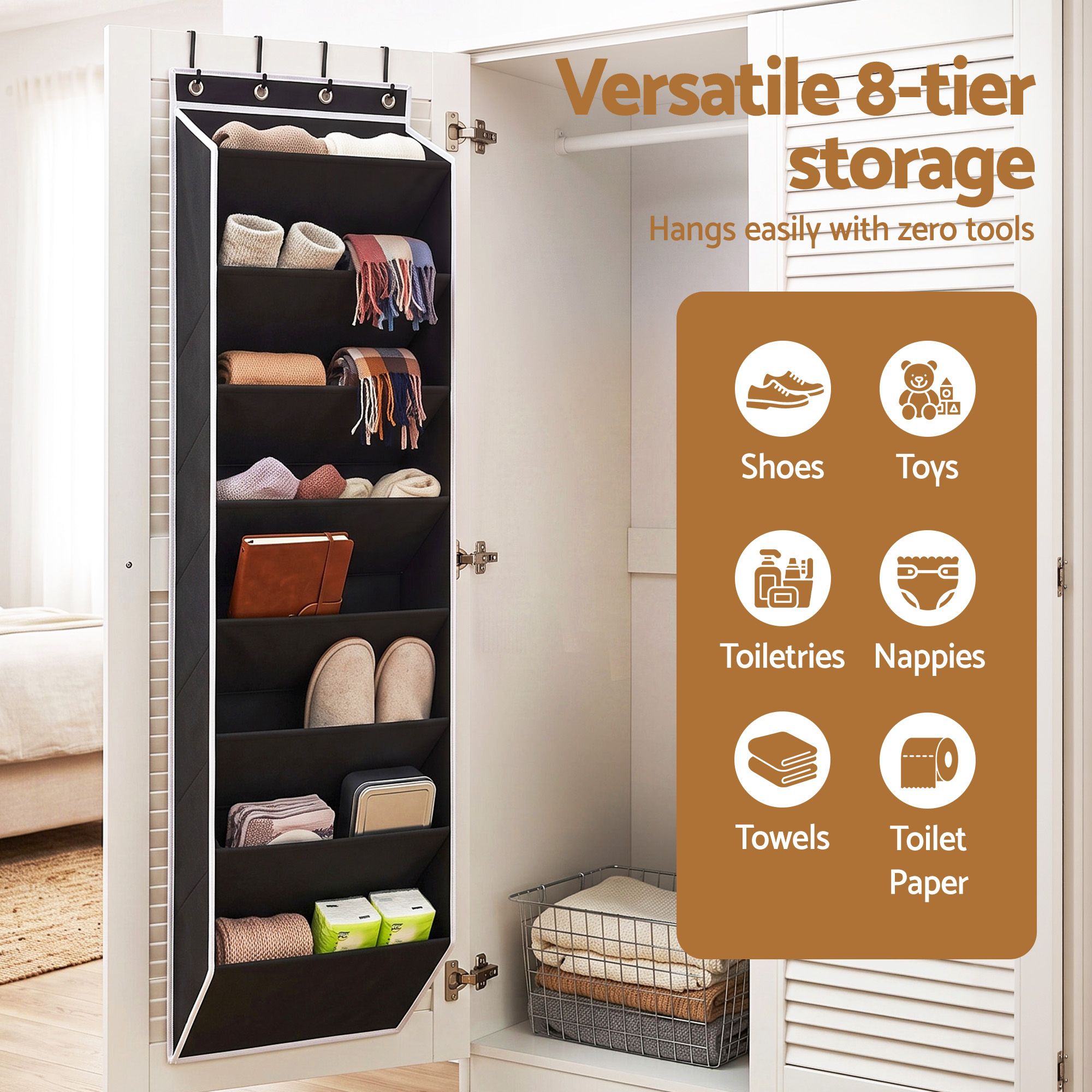 Artiss Over Door Shoe Organiser Storage X2 8-Tier Pantry Hanger Fabric Black Bedworld
