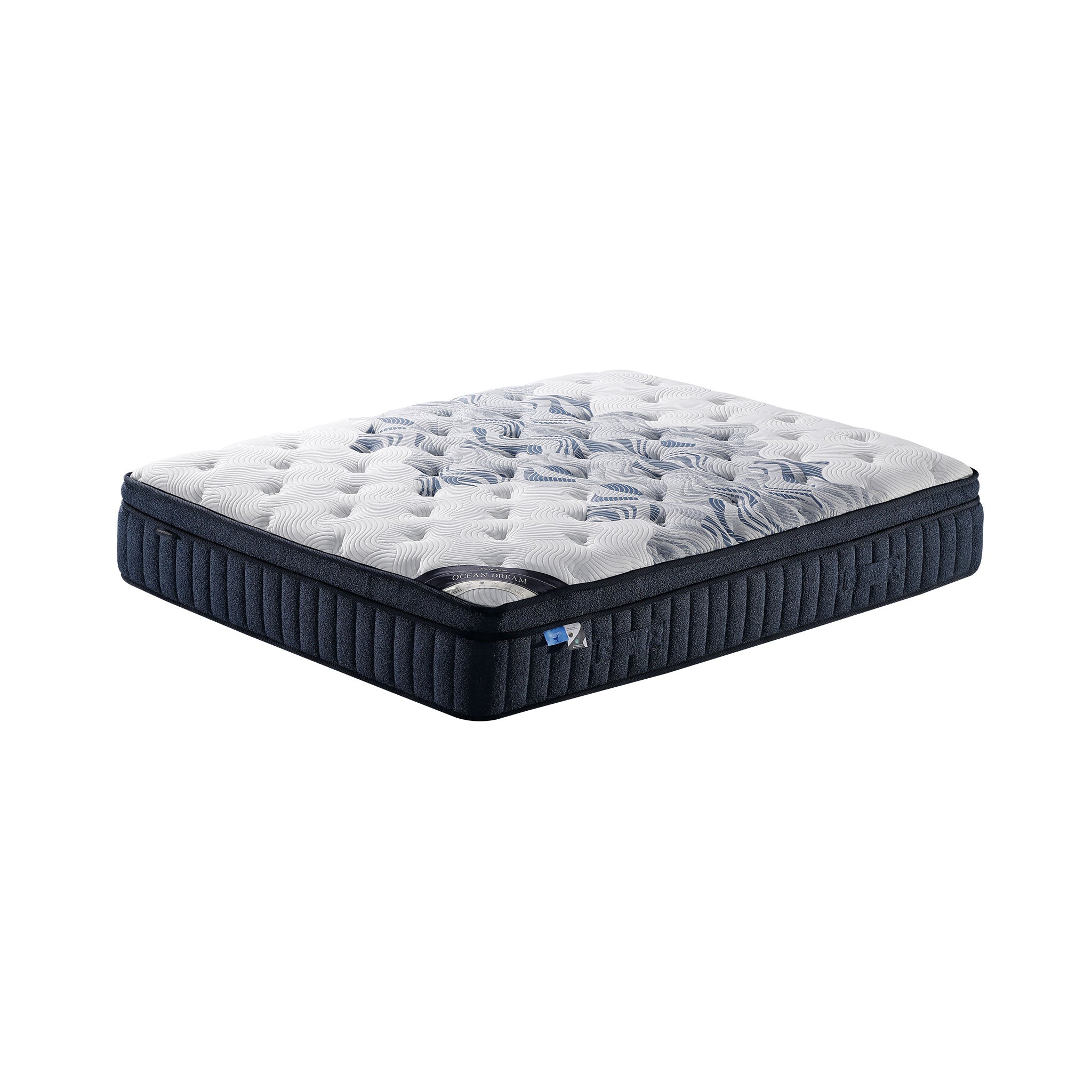 Mattress with a blue exterior and white interior on a white background